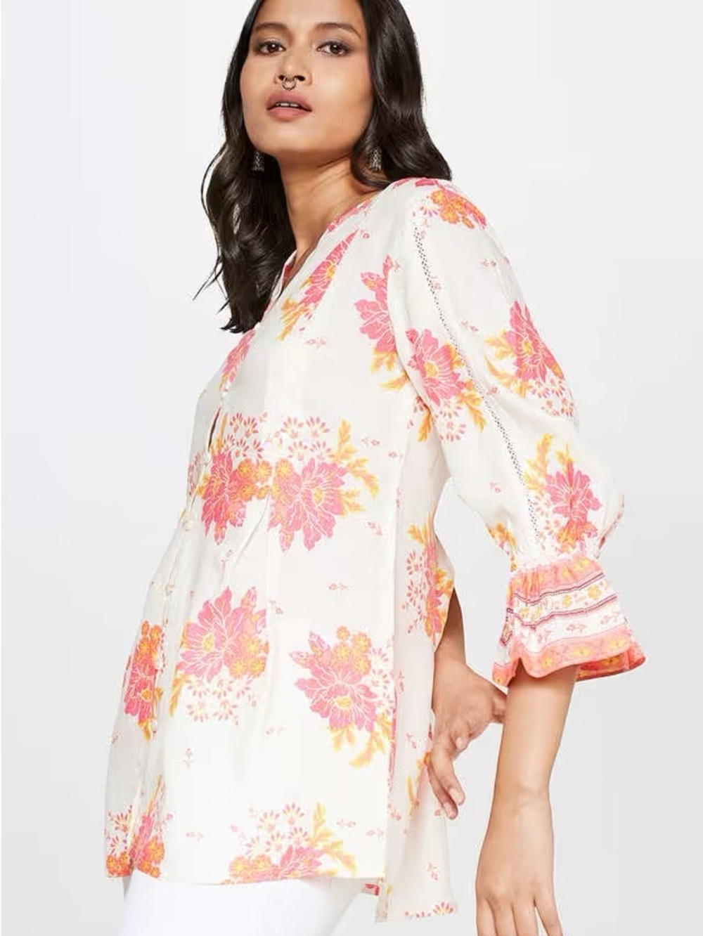 Charcoal New Medium V-Neck Tunic Blouse White with Pink & Yellow Flowers